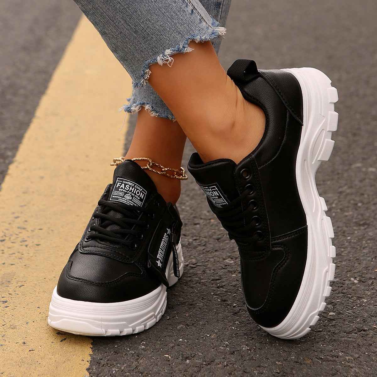 Women's Lace-Up Sneakers with Side Zipper | Thick Sole Round Toe Casual Sports Shoes - STAND OUT FLEXSARAH