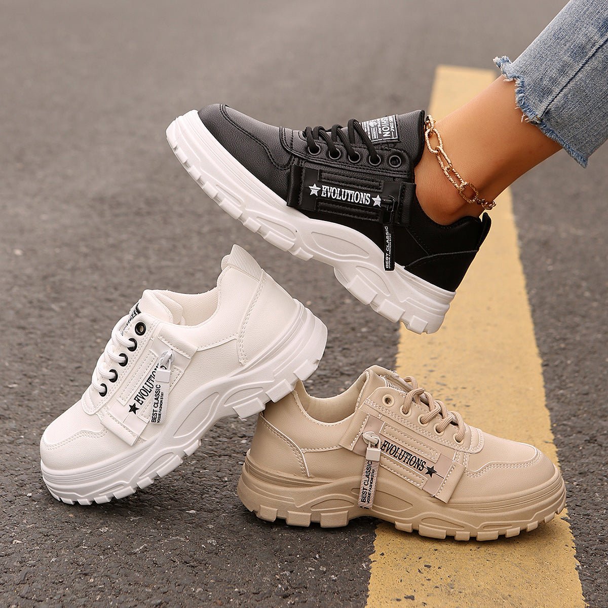 Women's Lace-Up Sneakers with Side Zipper | Thick Sole Round Toe Casual Sports Shoes - STAND OUT FLEXSARAH