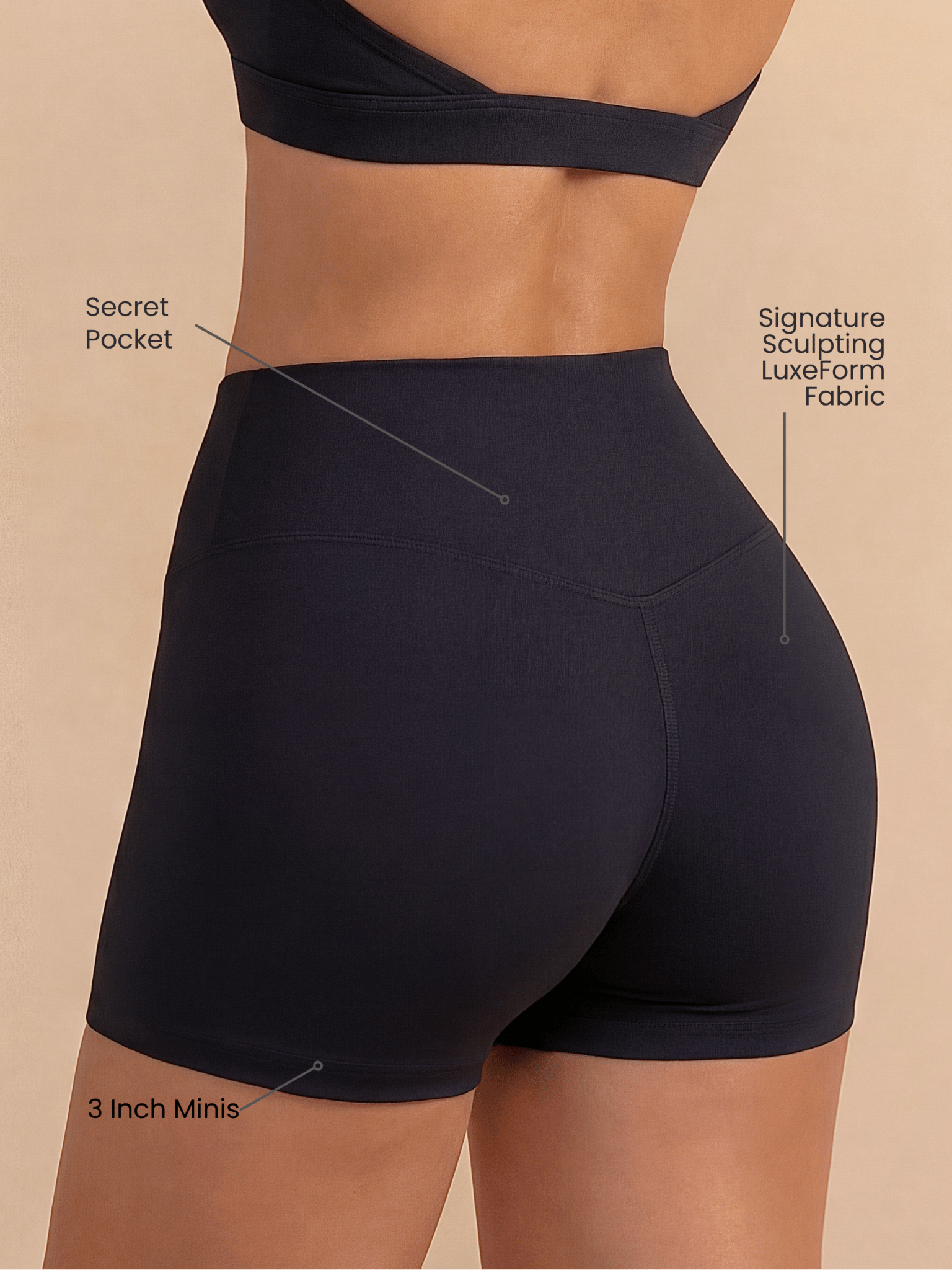 Women's Mini Sculpting Shorts 3 Inch - Black | Criss-Cross Waistband with Pocket - STAND OUT FLEXSARAH