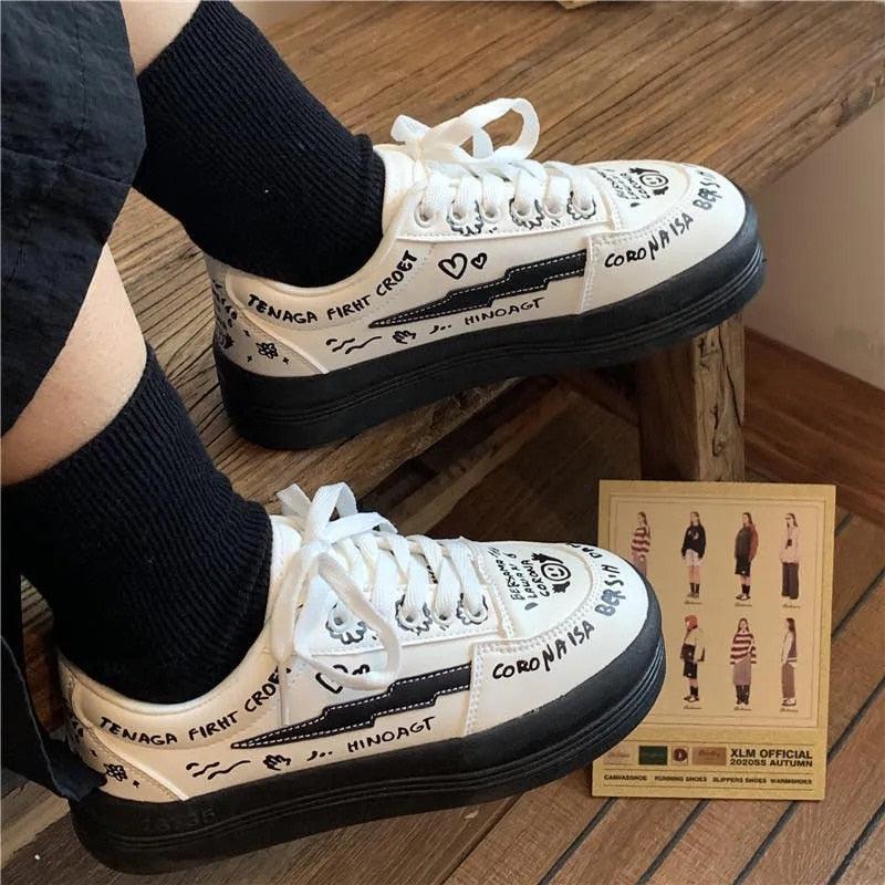 Women's Sports Sneakers Platform Casual Summer Vintage College Student Flats Casual Lace Up Woman Comfort Walking Shoes White Women Sneakers - STAND OUT FLEXSARAH
