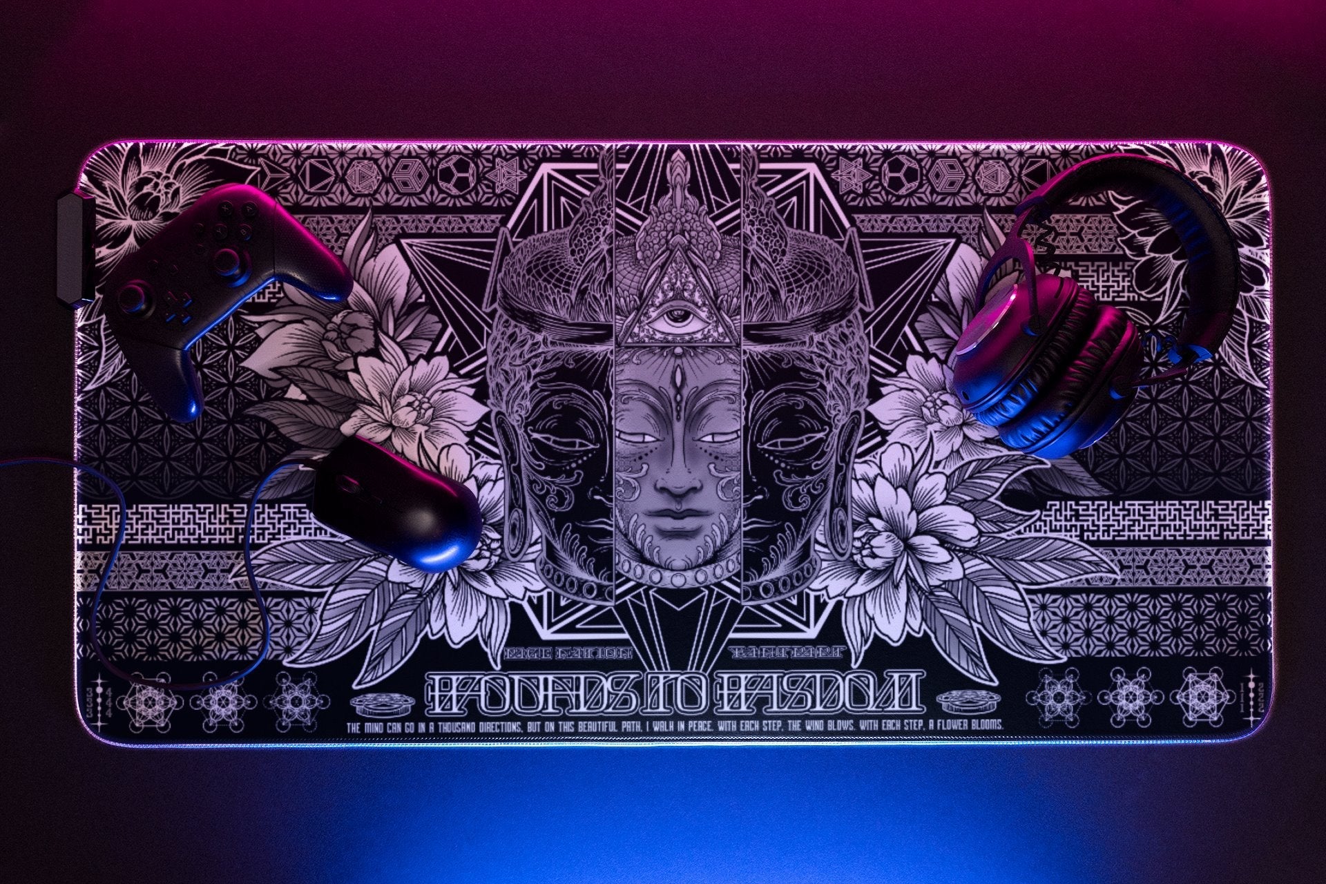 WOUNDS TO WISDOM V1 ✦ MONOCHROME ✦ XXL RGB Gaming Mouse Pad - STAND OUT FLEXSARAH