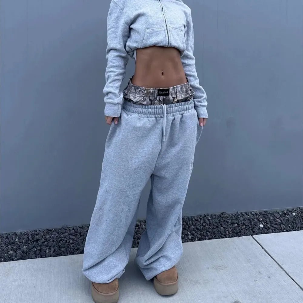 Y2K Retro Sweatpants Double Waisted Embroidered Camouflage Pattern Wide Leg Pants Men Clothes Goth Streetwear Unisex Baggy Pants - STAND OUT FLEXSARAH