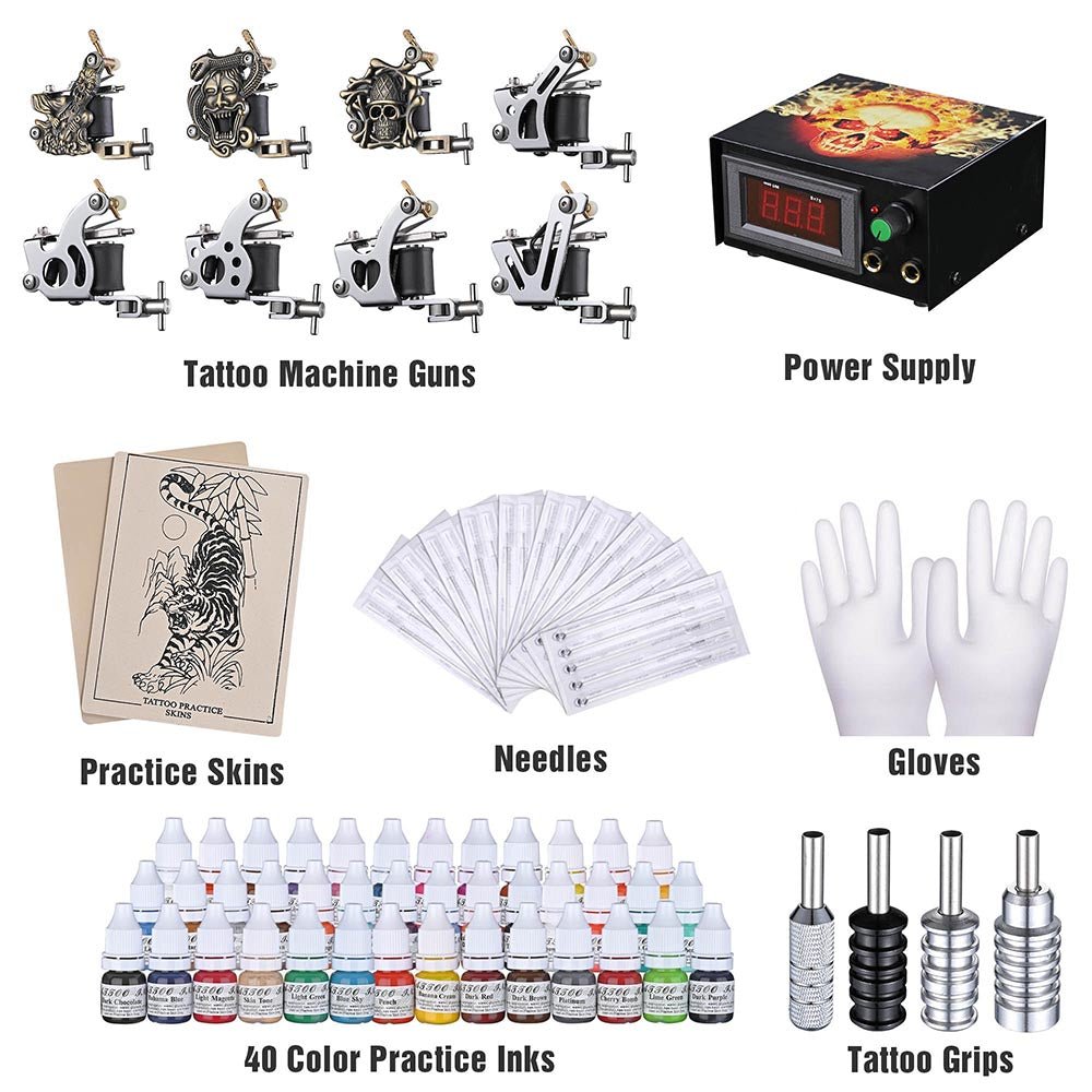 Yescom 8 Tattoo Machine Kit w/ LCD Power Supply 40 Color Inks & Case - STAND OUT FLEXSARAH